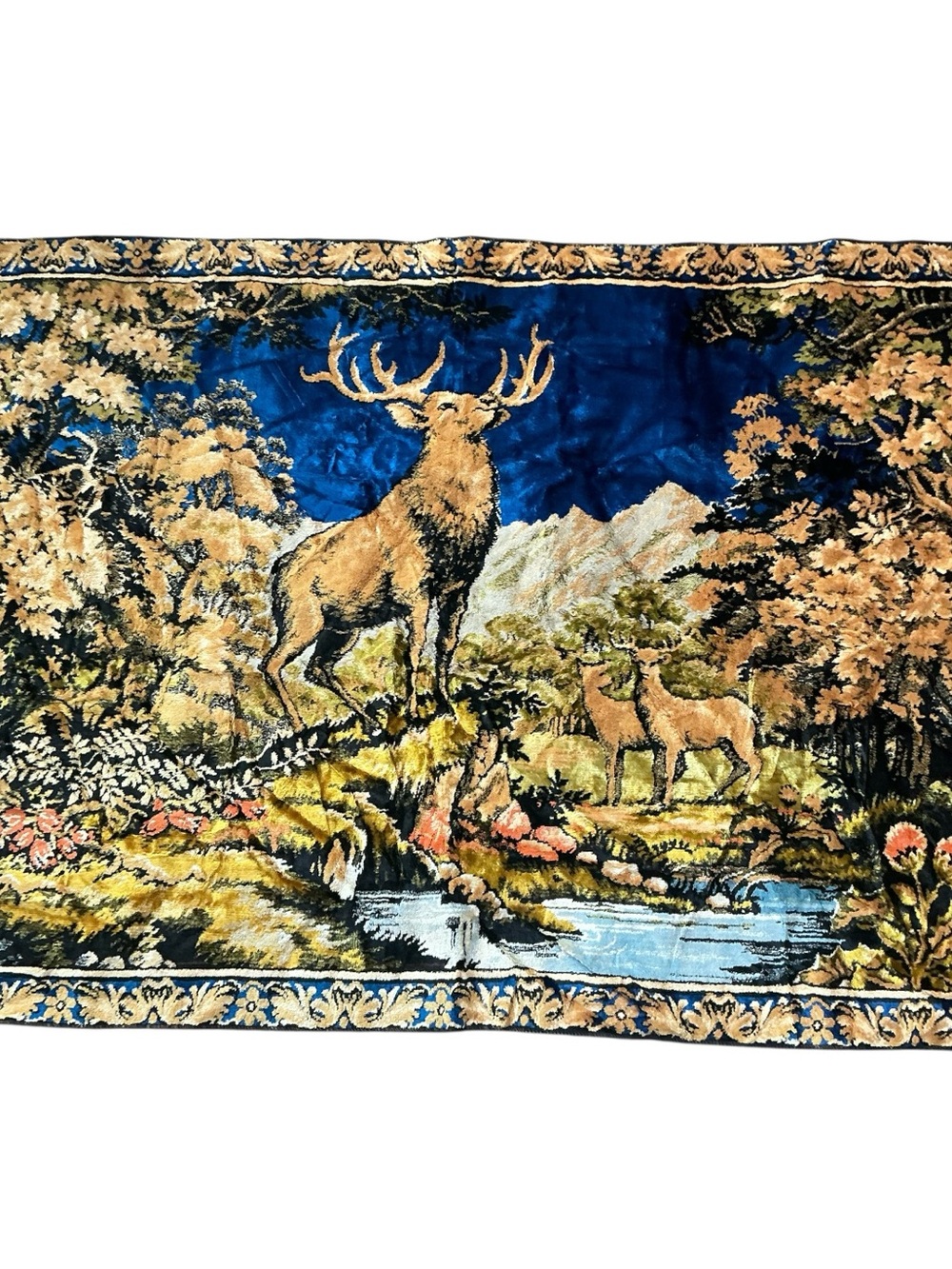 Vintage 1960s deer/buck velvety tapestry w/fringe 38 x 54 made in Italy